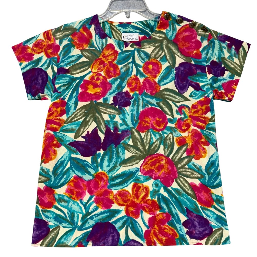 Cristin Stevens Vintage Floral Shoulder Button Short Sleeve Blouse Multicolor‎